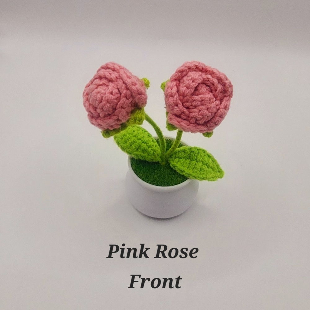 Crocheted Handmade Spring Flowers In Mini Pot W/Grass, Pink Roses